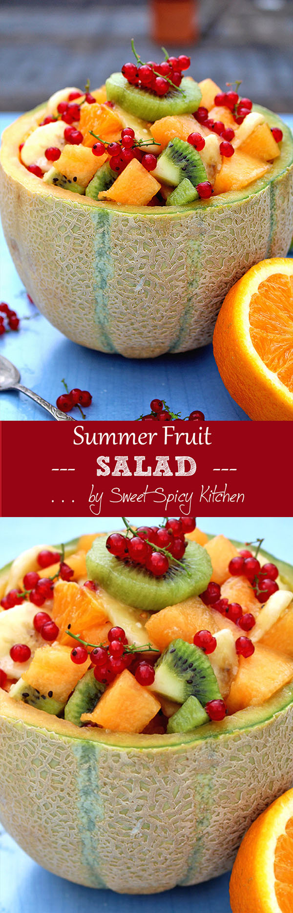 Refreshing Summer Fruit Salad enriched with melon, orange, kiwi, banana and currant. Drizzled with orange juice and honey. 