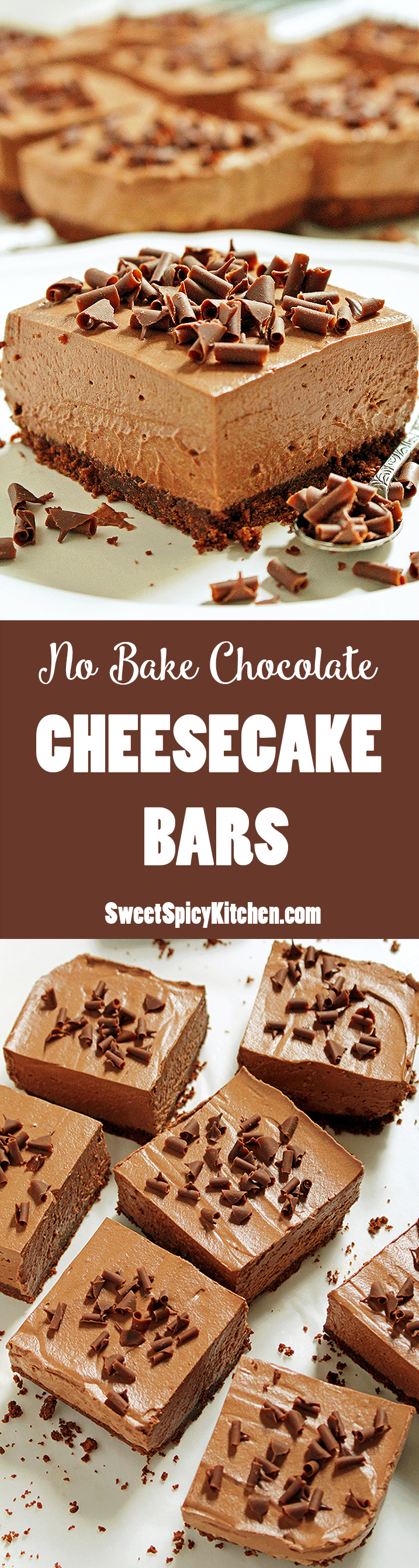 These creamy chocolate cheesecakes sprinkled with chocolate swirls create an amazingly delicious bar dessert – NO BAKE CHOCOLATE CHEESECAKE BARS!
