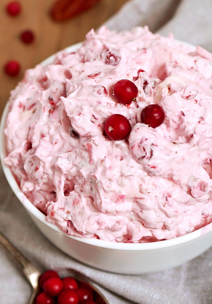 This salad is a perfect dessert for Thanksgiving Dinner or New Year‘s Eve feast. Cranberry Cheesecake Fluff Salad is quick, simple and easy to prepare ♥