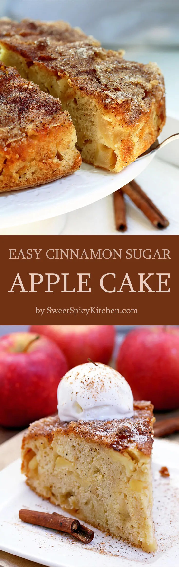 Easy Cinnamon Sugar Apple Cake – a soft cake filled with juicy apples, topped with cinnamon and sugar. This is a real fall treat. 