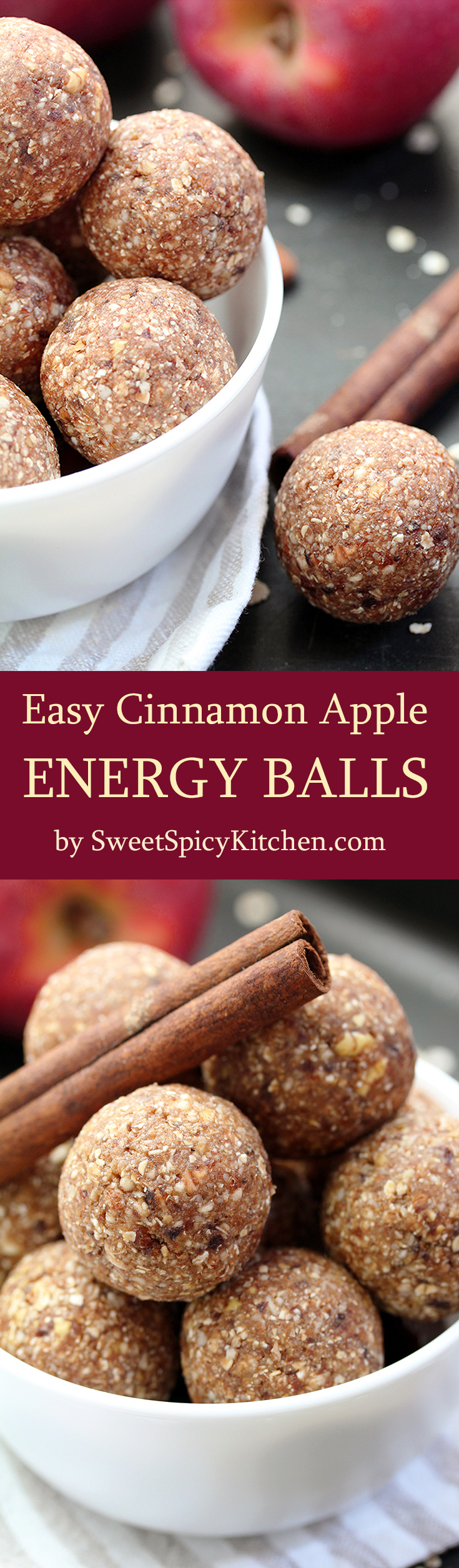 Easy Cinnamon Apple Energy Balls are light, delicious, nutritious, no bake balls, made of dried apples, dates, almonds, oat flakes, honey and cinnamon. Yummy!