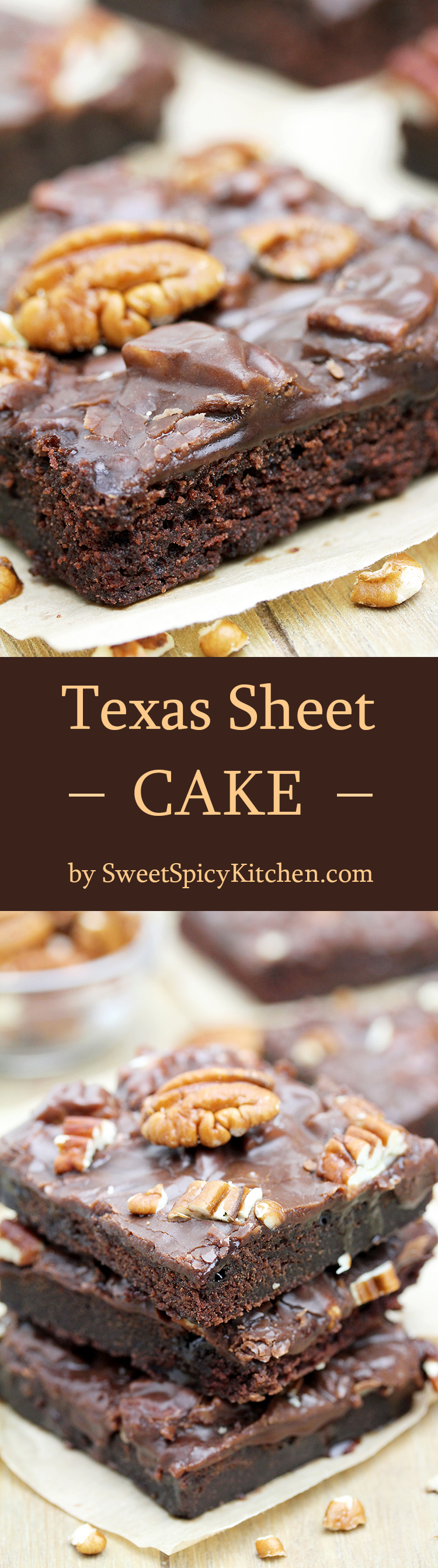 Texas Sheet Cake is thin, super moist chocolate cake, topped with warm chocolate frosting and pecans.