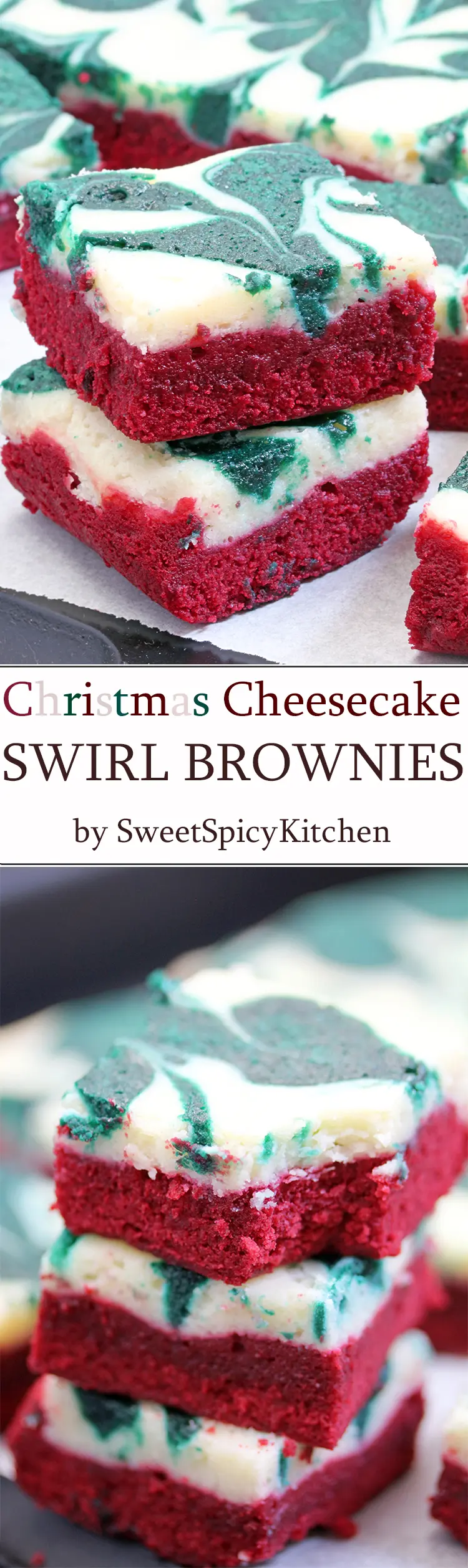 Christmas Cheesecake Swirl Brownies are quick and easy, super tasty brownies with a red velvet brownie layer, a cheesecake layer and swirl with green velvet brownies. Christmas colors…