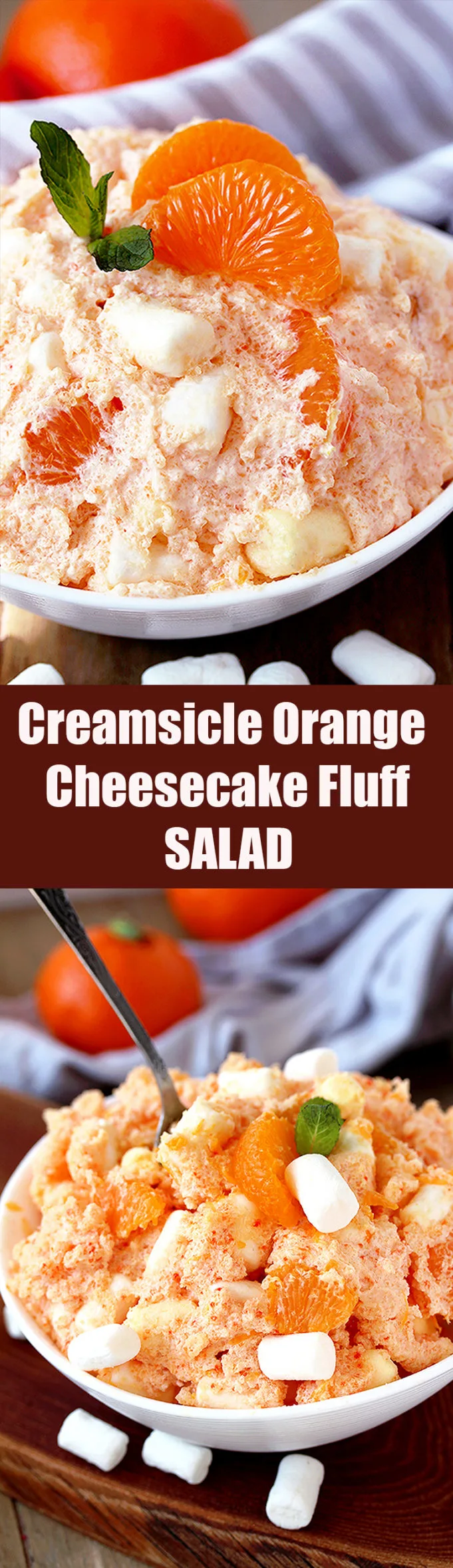 Creamsicle Orange Cheesecake Fluff Salad – this refreshing quick and easy salad is one of my favorite desserts. Cream cheese, Greek yogurt, orange juice and cool whip make this salad so creamy. Marshmallow melts in your mouth and mandarin oranges make it refreshing.