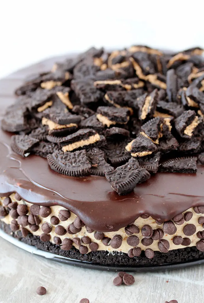 This No Bake Peanut Butter Oreo Cheesecake is a delicious dessert with peanut butter Oreo layer and peanut butter cheesecake filling, topped with chocolate ganache and crushed Oreos.