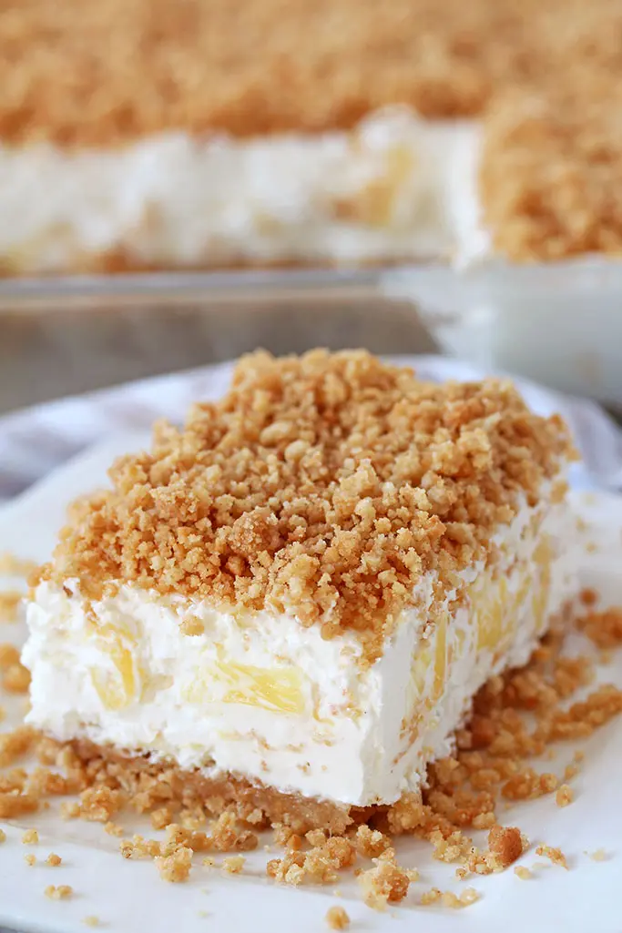 Easy Pineapple Dream Dessert a light and fluffy, quick and easy no bake creamy summer dessert. This creamy treat, made of crushed pineapple, cream cheese, butter and whipped cream and crunchy graham cracker layer, topped with graham cracker crumbs is a perfect way to sweeten hot summer days