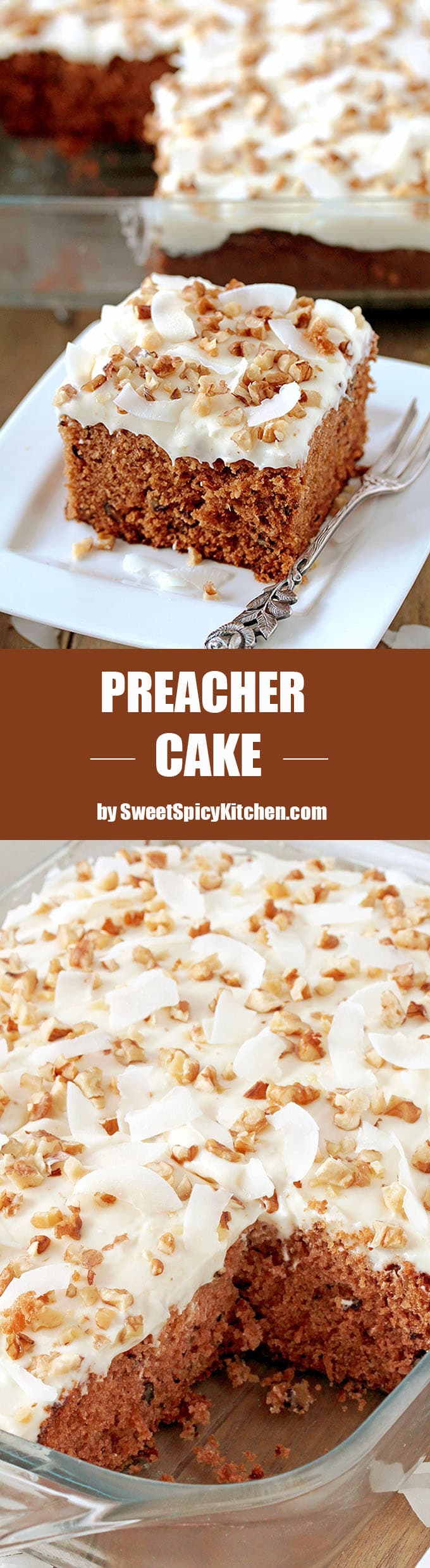 Preacher Cake – easy, super tasty cake with rich, tropical taste topped with whipped cream cheese frosting, chopped walnuts and coconut chips. This harmony of flavors is made for true pleasure. Pineapple, coconut and walnut combination in this cake is perfect and gives it a special taste.