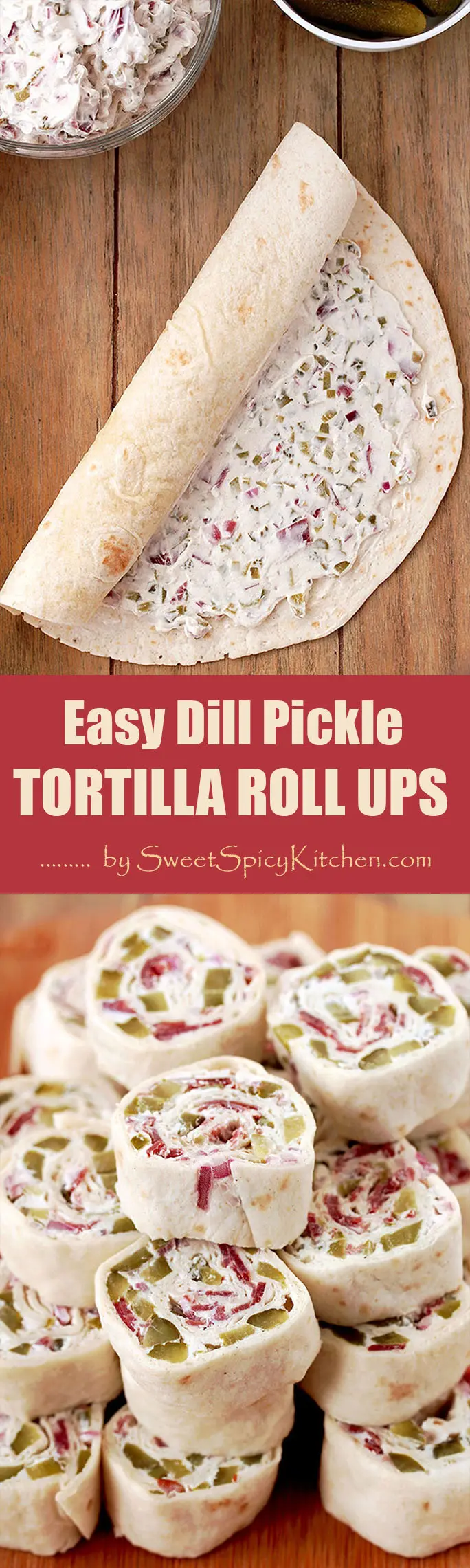 Dill Pickle Tortilla Roll Ups – these party appetizers are filled with cream cheese, sour cream, light mayo, dill pickles, dry beef, onion, ground black pepper and garlic powder, make a perfect choice for Game Day or any other party or holiday.