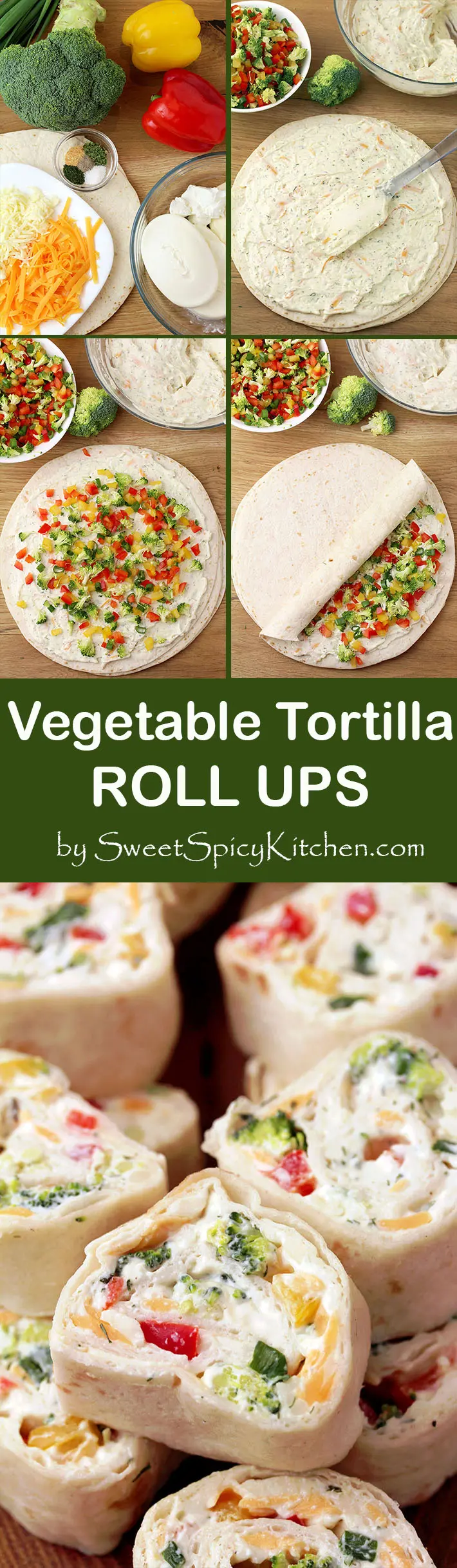 Vegetable Tortilla Roll Ups is a quick and easy starter and perfect party bites, made of tortillas filled with cream cheese, mayo, sour cream, spices, cheddar cheese, mozzarella and vegetables, rolled and sliced. These delicious bites that are perfect for every occasion will be loved by all those who prefer quick and easy recipes. 