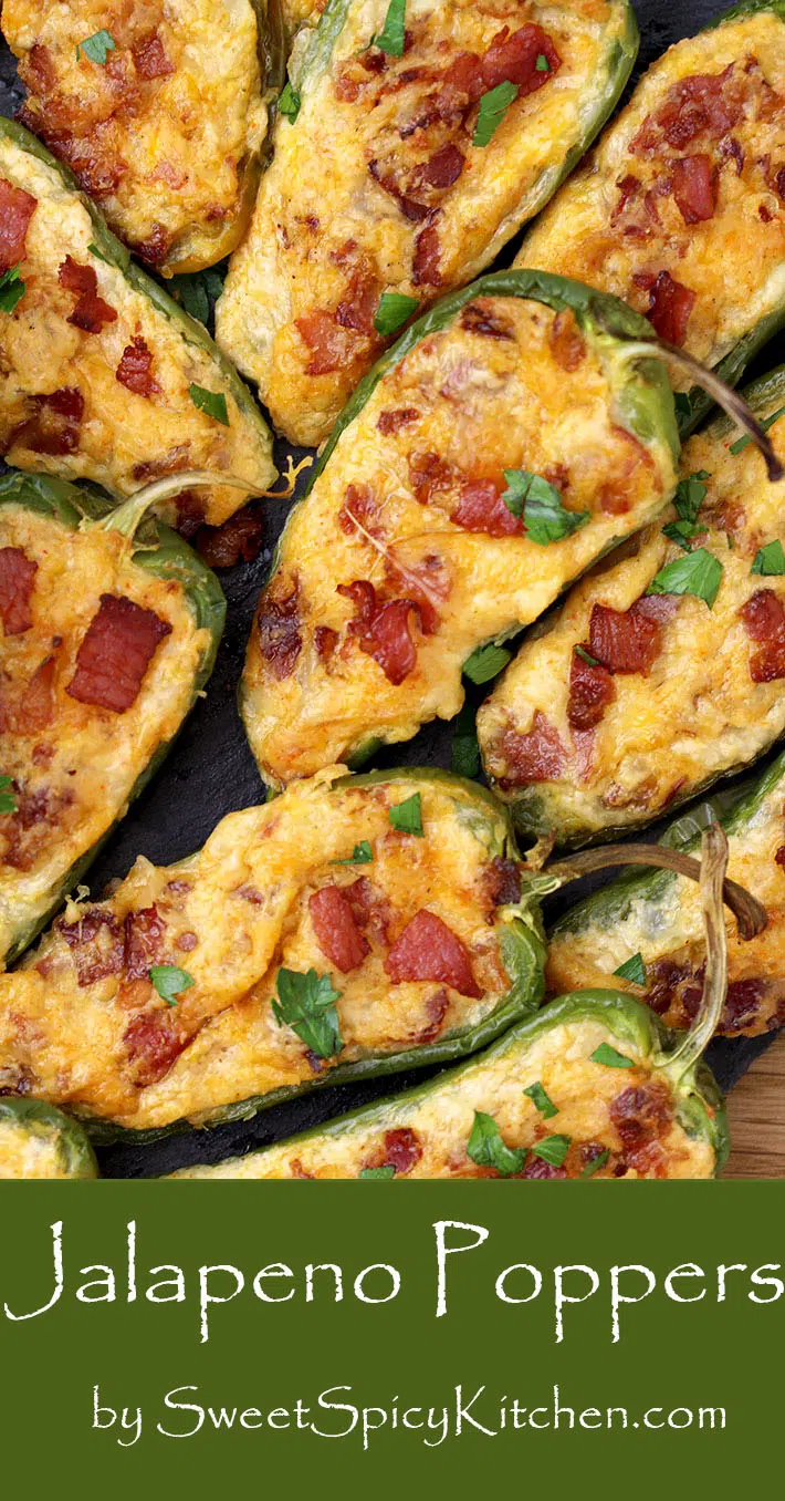 Jalapeno Poppers – homemade, oven baked jalapeno peppers cut in half and filled with the mixture of cream cheese, mozzarella and cheddar cheese, crunchy bacon and spices make a ultimate party appetizer or a snack.