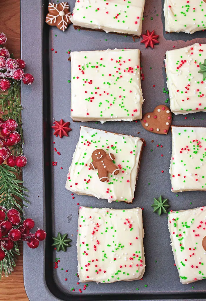 Gingerbread Bars with Cream Cheese Frosting is an amazing Christmas dessert. These chewy, fudgy, spicy bars, topped with cream cheese frosting are so easy to prepare and they look great on a cookie tray.