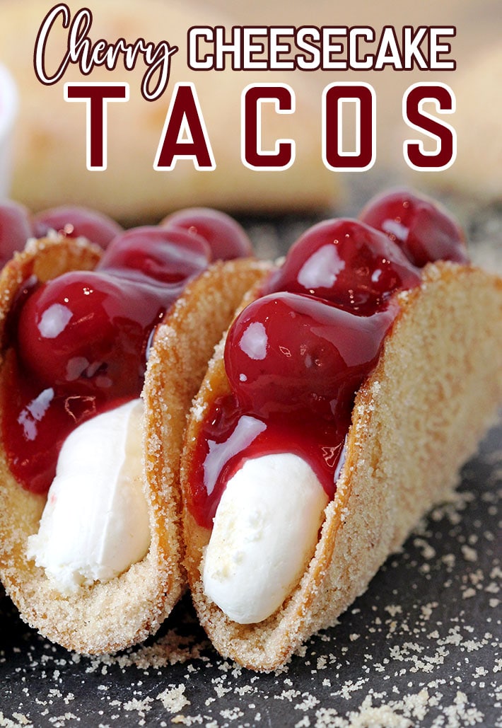 Cherry Cheesecake Tacos – these mini dessert tacos made with sweet ingredients and shaped like traditional tacos are so much fun to prepare, they look classy and are very delicious. You will love crunchy tortilla shells covered with sugar and cinnamon, filled with creamy no bake cheesecake filling that are topped with cherry pie filling.