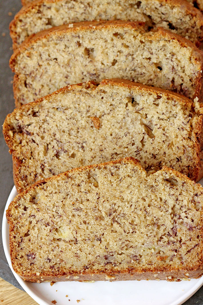 Moist Banana Bread – this soft, moist bread with full banana taste will sweep you off your feet. You can use ripe bananas to make this bread and to make this basic recipe more interesting add walnuts, chocolate crisps, raisins or cranberries.