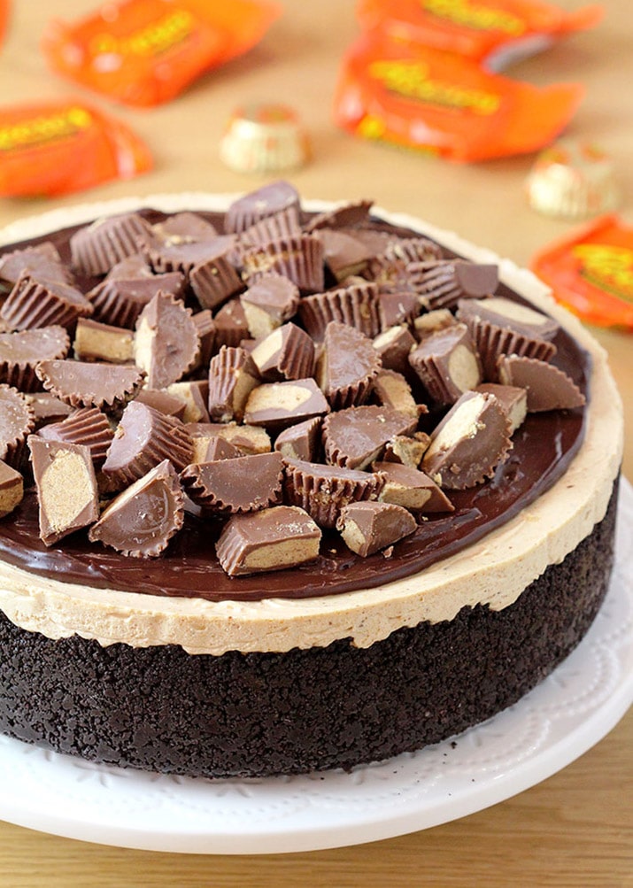 Reese’s Peanut Butter Cheesecake – Oreo cookie crust, peanut butter cheesecake filling with pieces of Reese’s cups, topped with chocolate ganache and pieces of Reese’s peanut butter cups make this strong decadent cheesecake.