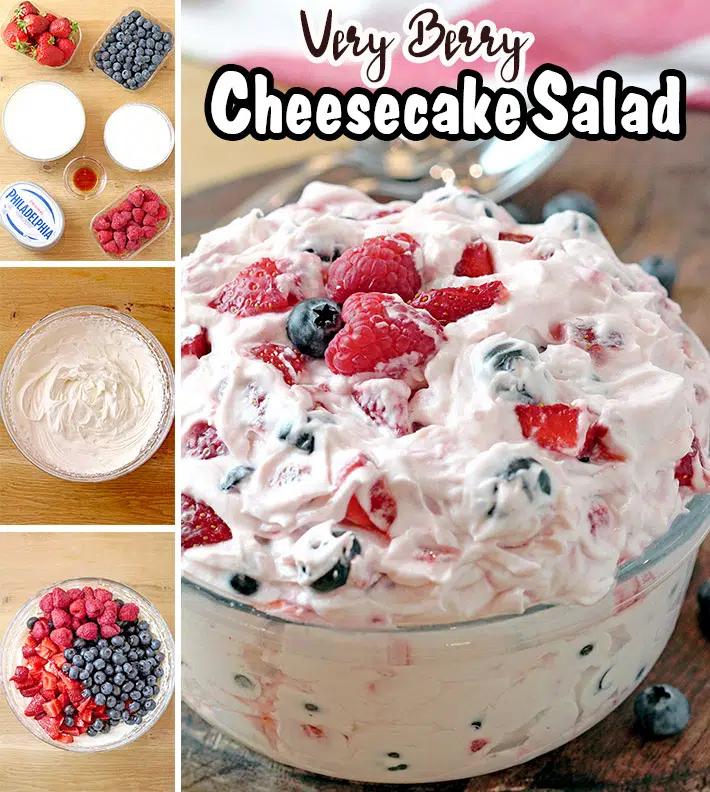 Red White and Blue Cheesecake Salad – this perfect summer salad full of fresh blueberries, strawberries and raspberries will surely sweep you off your feet. It’s quick and easy to make, refreshing and sweet at the same time. Juicy fruits combined with cheesecake filling is a winning combination. If you make this salad for the next potluck or BBQ, you’ll be surprised how soon the bowl will be empty. Red white and blue cheesecake salad can be a hit on the July 4th celebration party. It’s more of a dessert than a salad and some like it as a snack or even breakfast