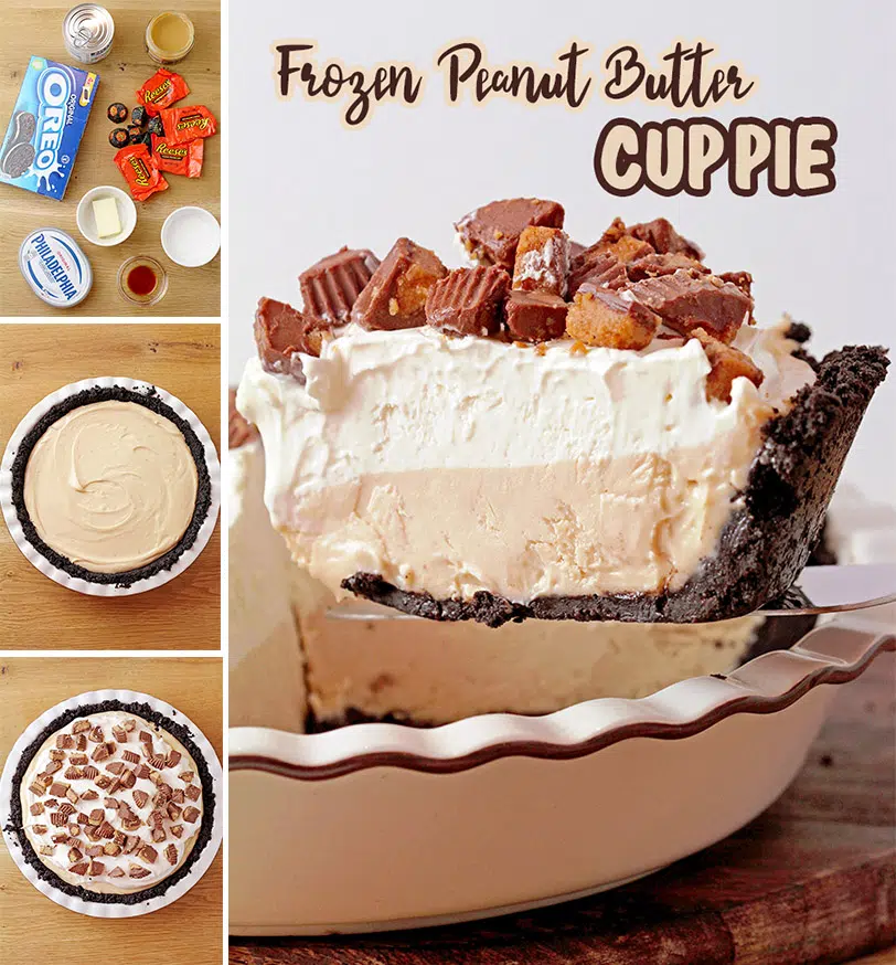 Frozen Peanut Butter Cup Pie – Oreo crust, creamy peanut butter layer, whipped cream layer, topped with chopped Reese’s peanut butter cups will be a pleasant surprise for all peanut butter fans. This frozen pie is quick and easy to prepare and it’s a real refreshment for hot summer days. However, I like to make it all year round. 