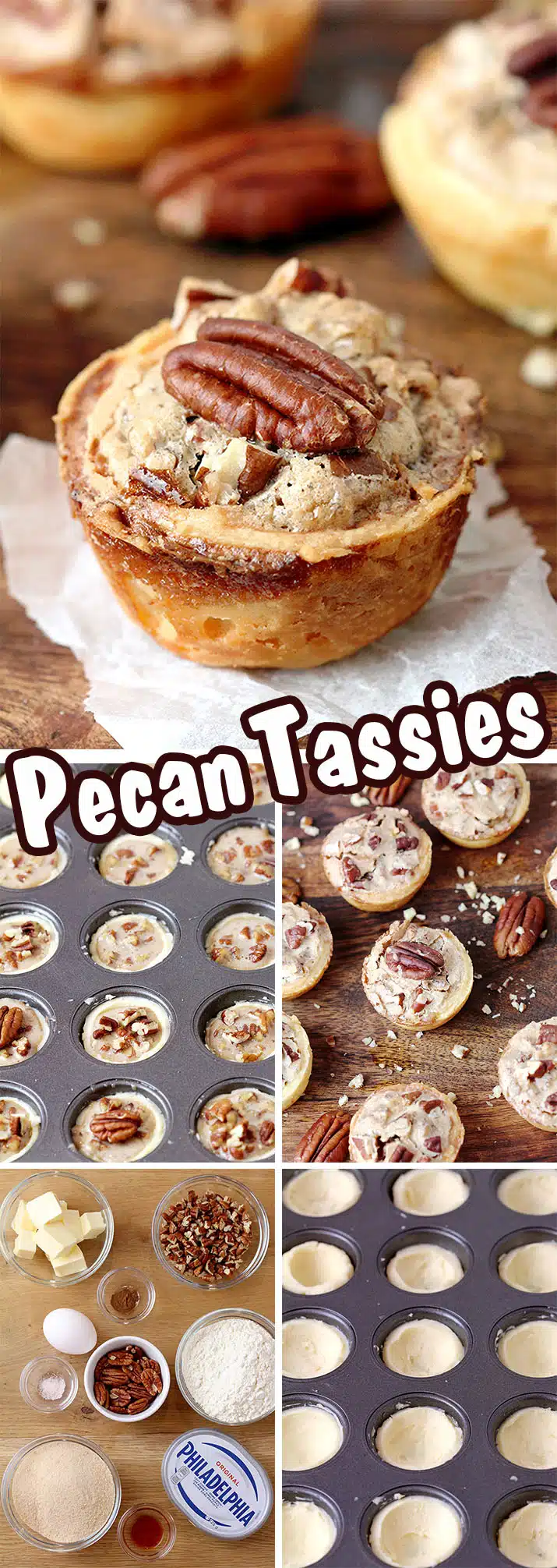 Pecan Tassies – dessert bites just perfect for Thanksgiving or Christmas. They are often called cookies because of their size, but they are closest to being called pecan pies. The dough is made of cream cheese, butter and flour mixture and they are filled with a sweet filling made of pecans, brown sugar, butter, eggs, cinnamon and vanilla. This buttery dough is unbelievably soft and makes a perfect combination with sweet filling and crunchy pecans. 