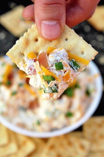 Our favorite appetizer for the Game Day is a dip that takes only 5 minutes to prepare – No Bake Cheddar Bacon Dip.