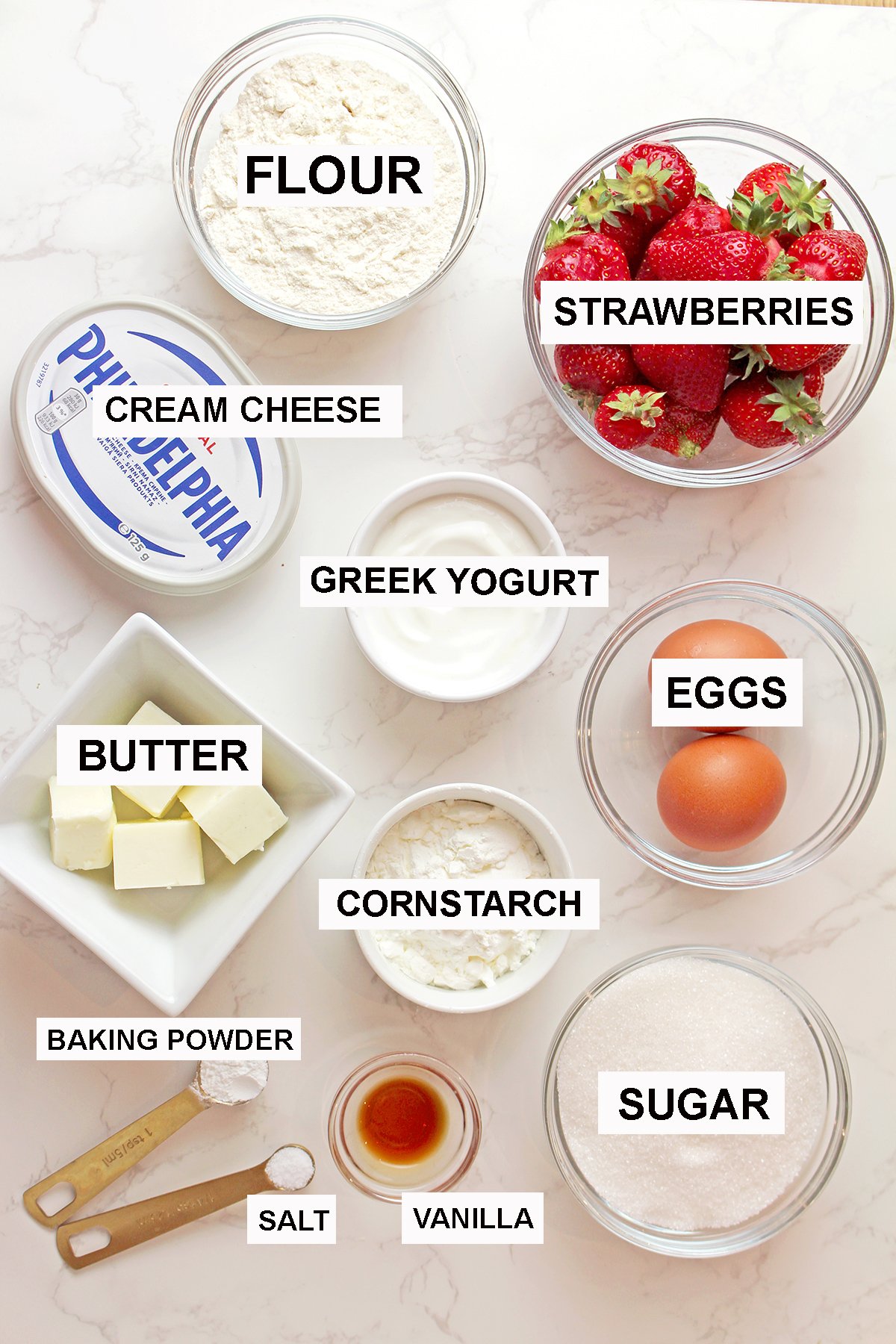 Ingredients: fresh strawberries, cream cheese, butter, sugar, eggs, vanilla extract, flour ingredients for strawberry cream cheese cake
