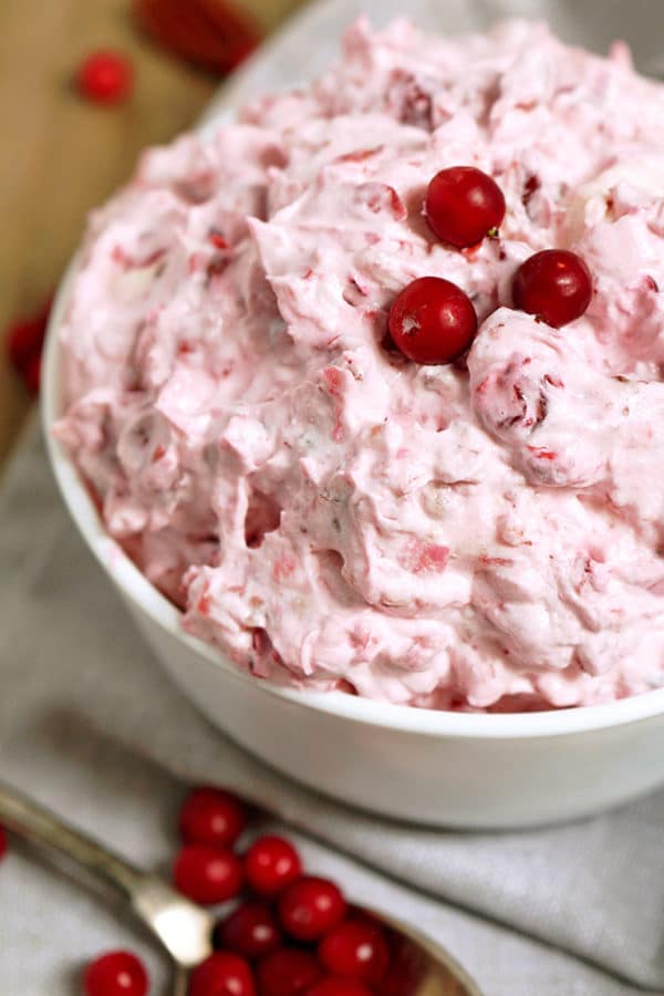 This salad is a perfect dessert for Thanksgiving Dinner or New Year's Eve feast. Cranberry Cheesecake Fluff Salad is quick, simple and easy to prepare ♥