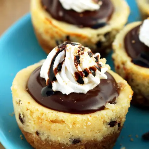 Graham cracker layer, chocolate chips cheesecake, chocolate ganache and whipping cream on the top make these Chocolate Chip Mini Cheesecake just perfect.