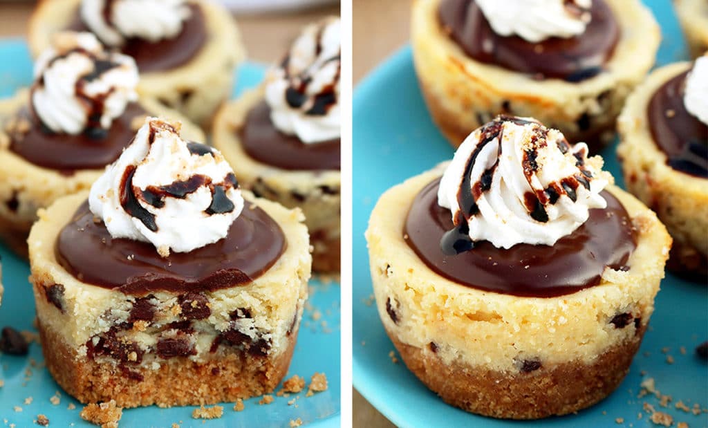 Chocolate Chip Mini Cheesecake Graham cracker layer, chocolate chips cheesecake, chocolate ganache and whipping cream on the top make these mini cheesecakes perfect.