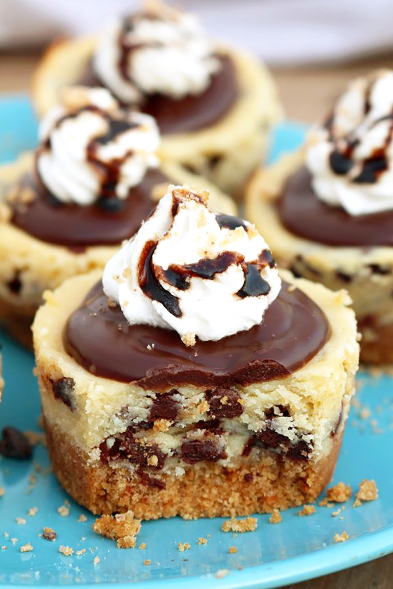 Chocolate Chip Mini Cheesecake Graham cracker layer, chocolate chips cheesecake, chocolate ganache and whipping cream on the top