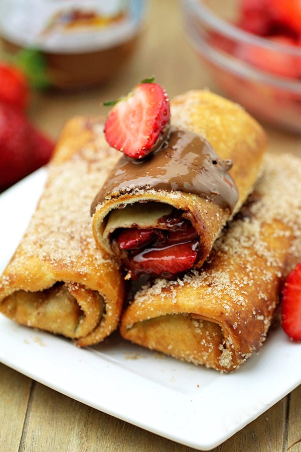 Easy Strawberry Nutella Chimichangas Strawberry and Nutella – I like this combination, especially when they are wrapped in tortilla, fried and covered with sugar and cinnamon.