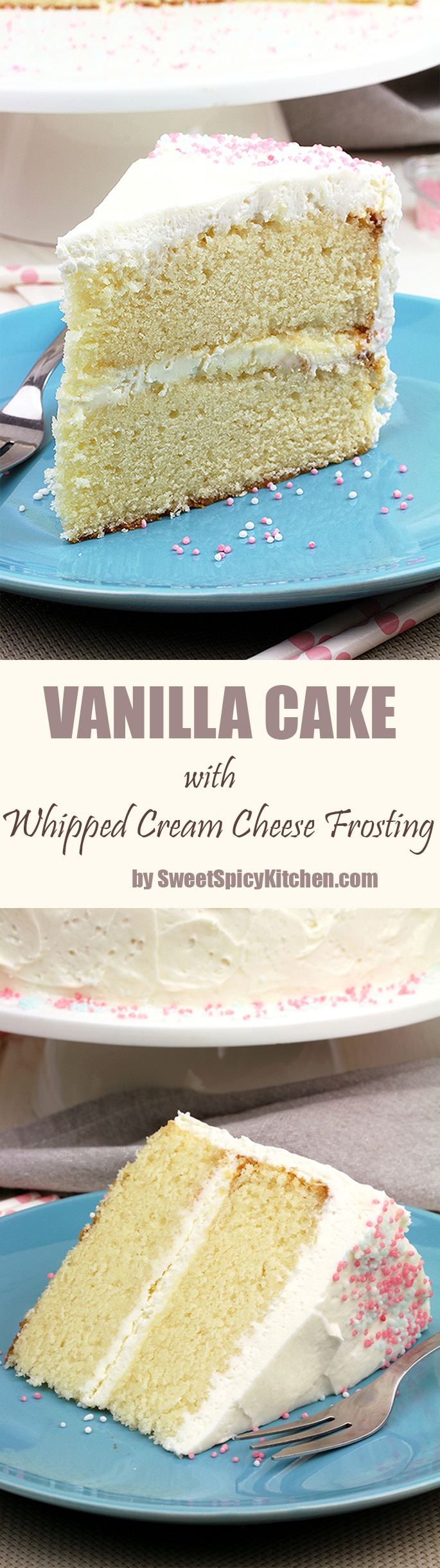 This Vanilla Cake with Whipped Cream Cheese Frosting is perfectly moist, easy and airy vanilla cake with filling made of vanilla cream cheese and heavy whipping cream.