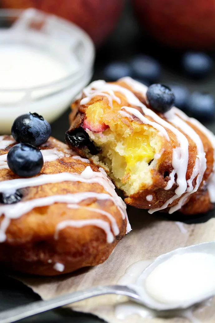 Blueberry Peach Fritters with Vanilla Glaze