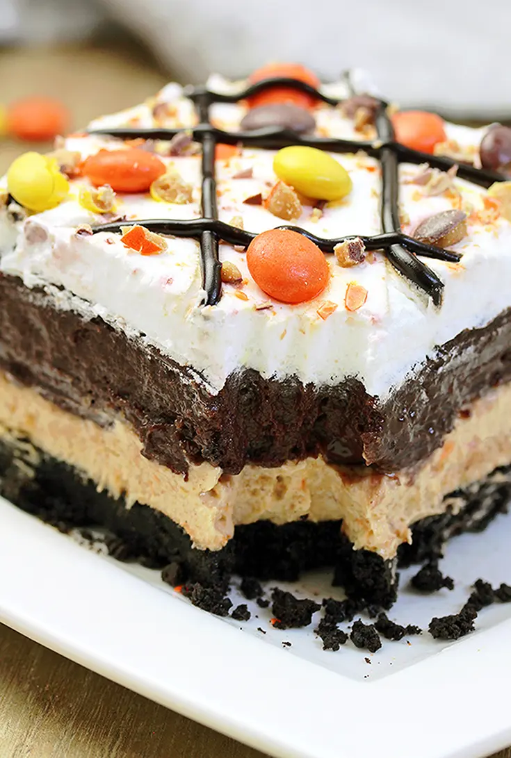 Reese's Pieces Peanut Butter Chocolate Lasagna – simple and easy, no bake, layered, rich taste dessert, with Reese‘s pieces, Oreo cookies, peanut butter and chocolate pudding topped with cool whip, Reese‘s pieces, and chocolate syrup.