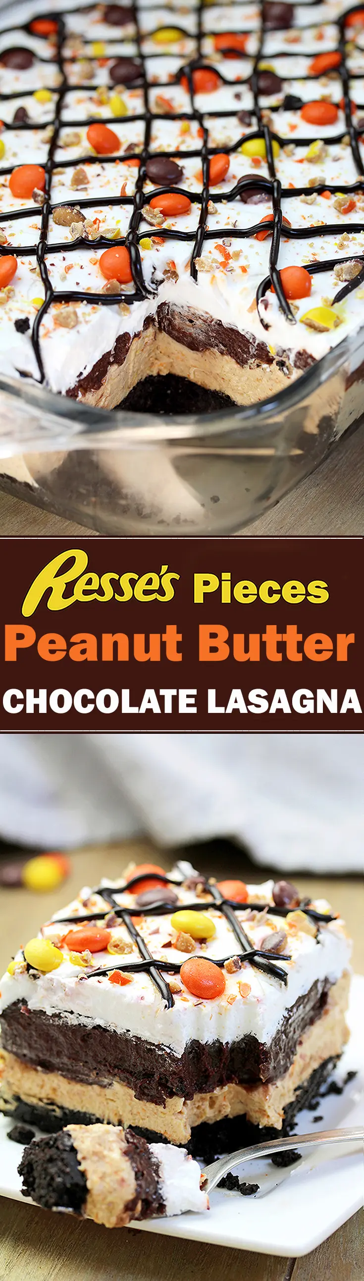 Reese's Pieces Peanut Butter Chocolate Lasagna – simple and easy, no bake, layered, rich taste dessert, with Reese‘s pieces, Oreo cookies, peanut butter and chocolate pudding topped with cool whip, Reese‘s pieces, and chocolate syrup.