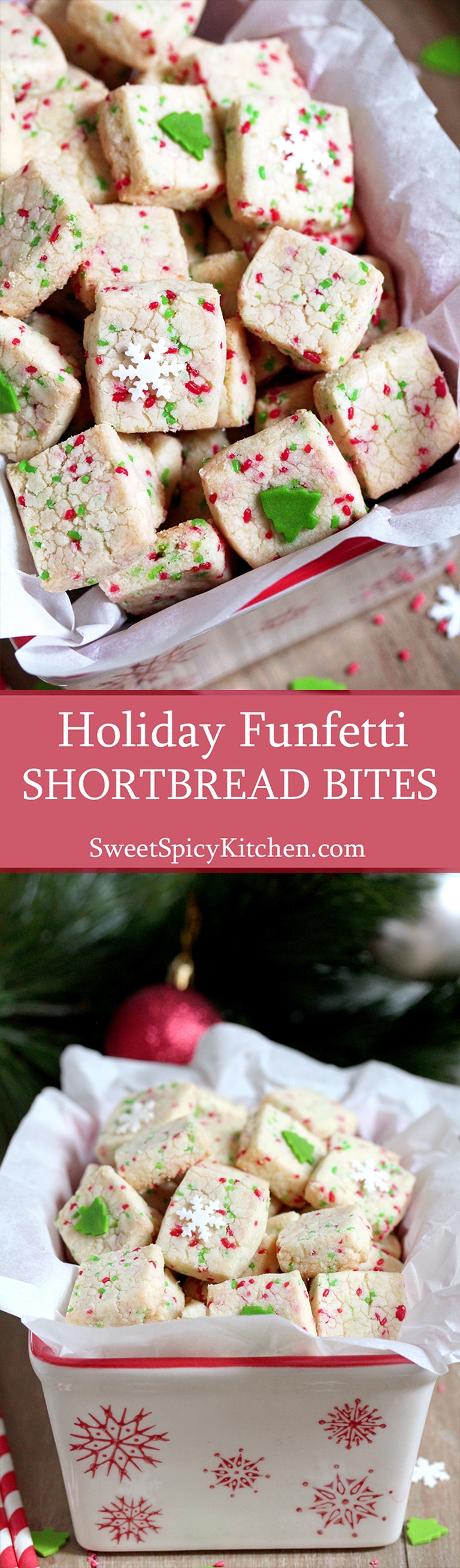 Holiday Funfetti Shortbread Bites – quick & easy, sweet, crunchy bites are perfect for holidays. Christmas, New Year, Easter, Fourth of July – just make sure to match the sprinkles color with the holiday.