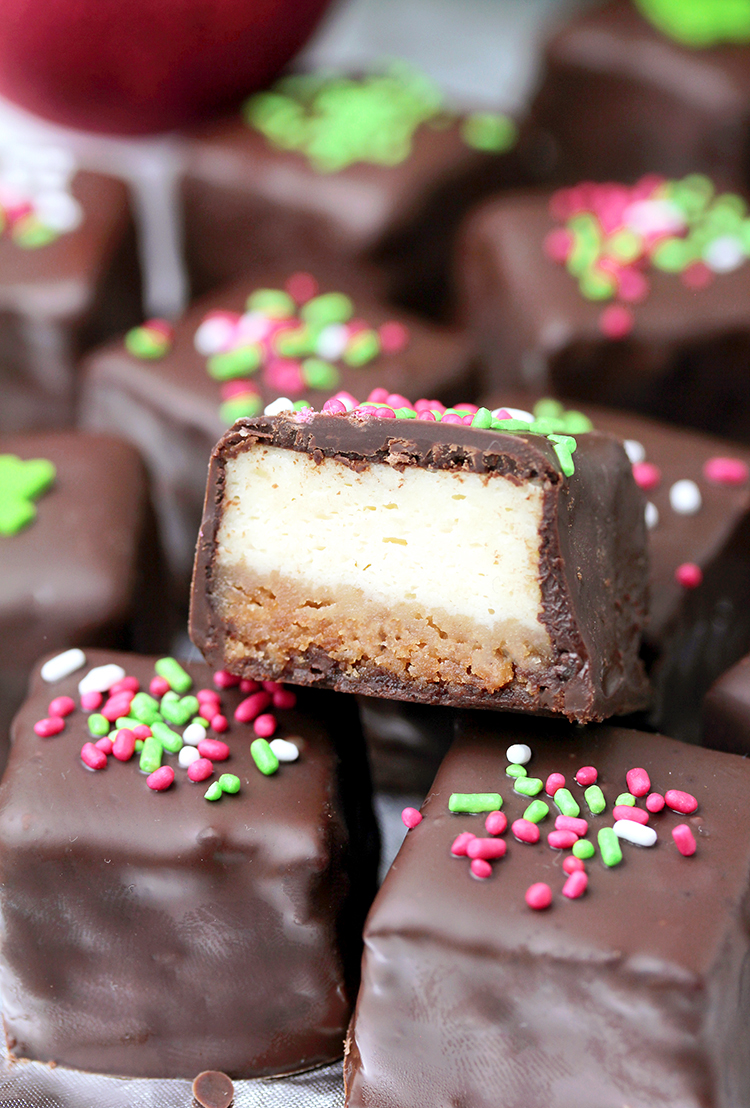 Chocolate Covered Cheesecake Bites made of graham cracker base and a cheesecake layer, covered with chocolate are so delicious. Yummy…