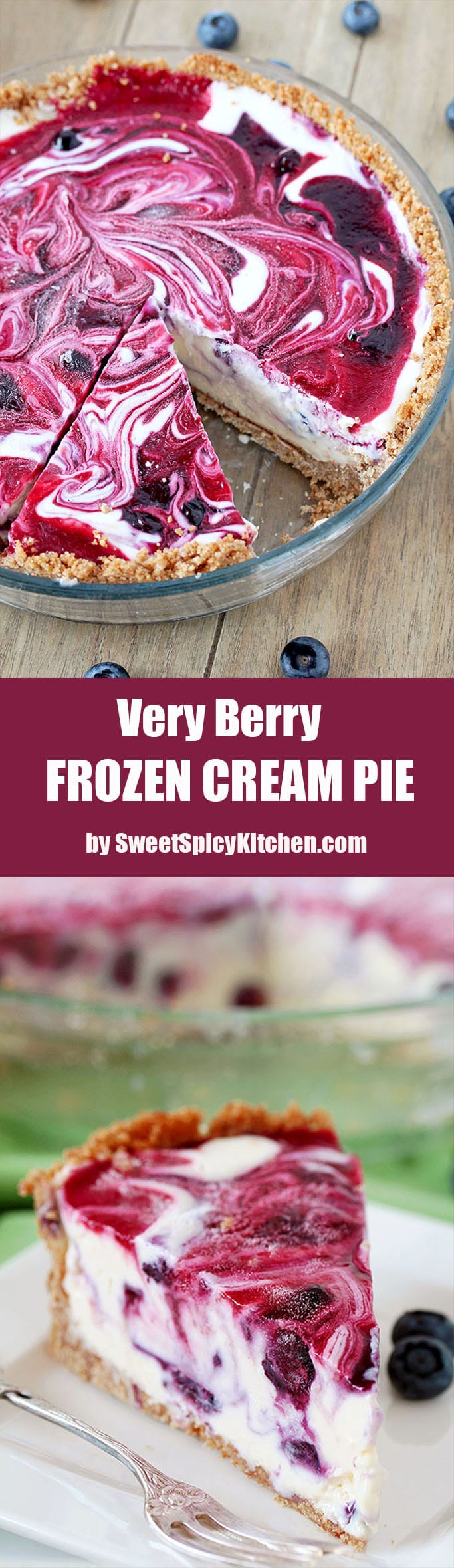 Very Berry Frozen Cream Pie is a dessert with fresh season blueberries and raspberries, just perfect refreshment for hot summer days. If you like ice cream, especially fruit, you will love this pie. This is one of my favorite summer desserts. Graham cracker pie crust, frozen creamy filling, swirls with homemade blueberry and raspberry sauce… Pure perfection, if you ask me.