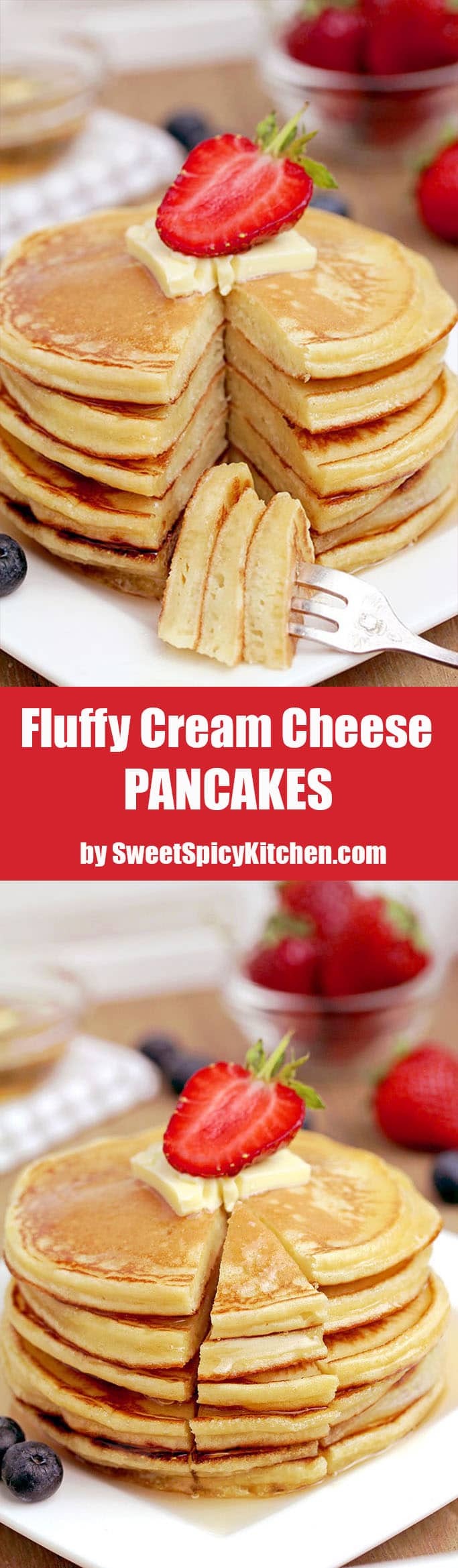 These Fluffy Cream Cheese Pancakes make a perfect choice for breakfast or weekend brunch. This is one of those recipes that you will save, for sure. A perfect breakfast for a perfect start of the day – sounds good… These pancakes with cream cheese are incredibly light, soft and fluffy.