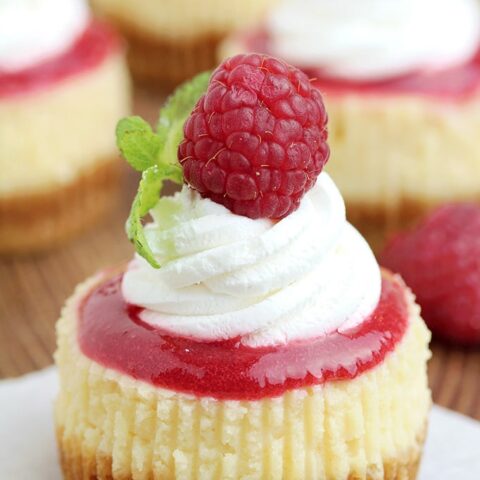 These Raspberry Mini Cheesecakes with crunchy layer made of graham crackers rich cheesecake filling and raspberry topping, which are topped with whipped cream and fresh raspberries are very tasty and easy to prepare.