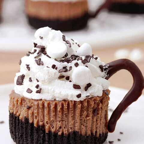 Hot Chocolate Mini Cheesecake – you will love these delicious, fancy mini cheesecakes when you see them and especially when you taste them. Oreo crust, creamy hot chocolate cheesecake filling topped with whipped cream, chocolate flakes and mini marshmallows – it’s a perfect recipe for special occasions like Christmas and New Year´s Eve.
