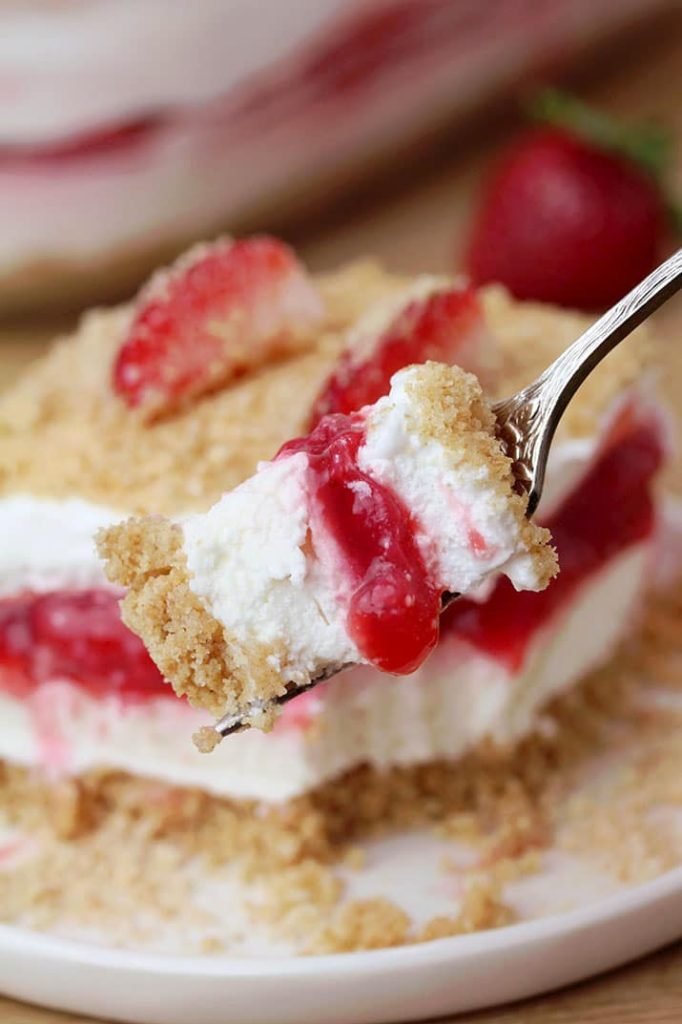 Strawberry Yum Yum quick and easy recipe, for no bake, layered dessert.