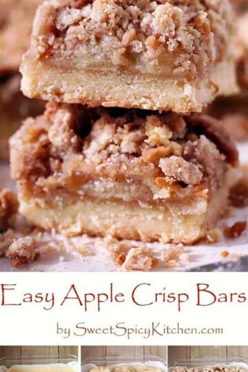 These Easy Apple Crisp Bars have a shortbread layer made of: flour, butter, sugar, light brown sugar, vanilla extract and salt. The juicy part in the middle consists of: apples, sugar, light brown sugar, flour, cinnamon and nutmeg. Crisp topping is made of flour, oats, light brown sugar, butter, cinnamon and salt.