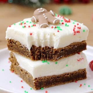 Gingerbread Bars with Cream Cheese Frosting is an amazing Christmas dessert. These chewy, fudgy, spicy bars, topped with cream cheese frosting are so easy to prepare and they look great on a cookie tray.