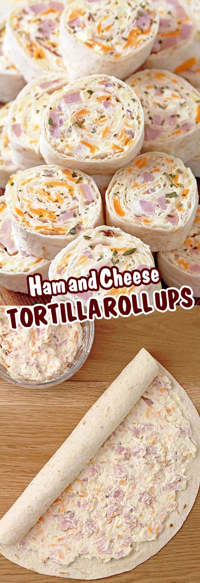 Ham and Cheese Tortilla Roll Ups are a must have party appetizer. These delicious bites are made of ham, cheddar cheese, mozzarella cheese, cream cheese, light mayo, mustard, garlic powder, red onion, parsley and pepper – all rolled into a tortilla and cut into slices. 