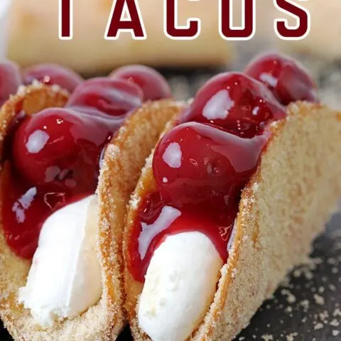 Cherry Cheesecake Tacos – these mini dessert tacos made with sweet ingredients and shaped like traditional tacos are so much fun to prepare, they look classy and are very delicious. You will love crunchy tortilla shells covered with sugar and cinnamon, filled with creamy no bake cheesecake filling that are topped with cherry pie filling.