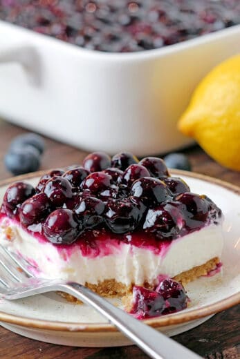 No Bake Blueberry Cheesecake-crusty base, cream filling and fruit topping.