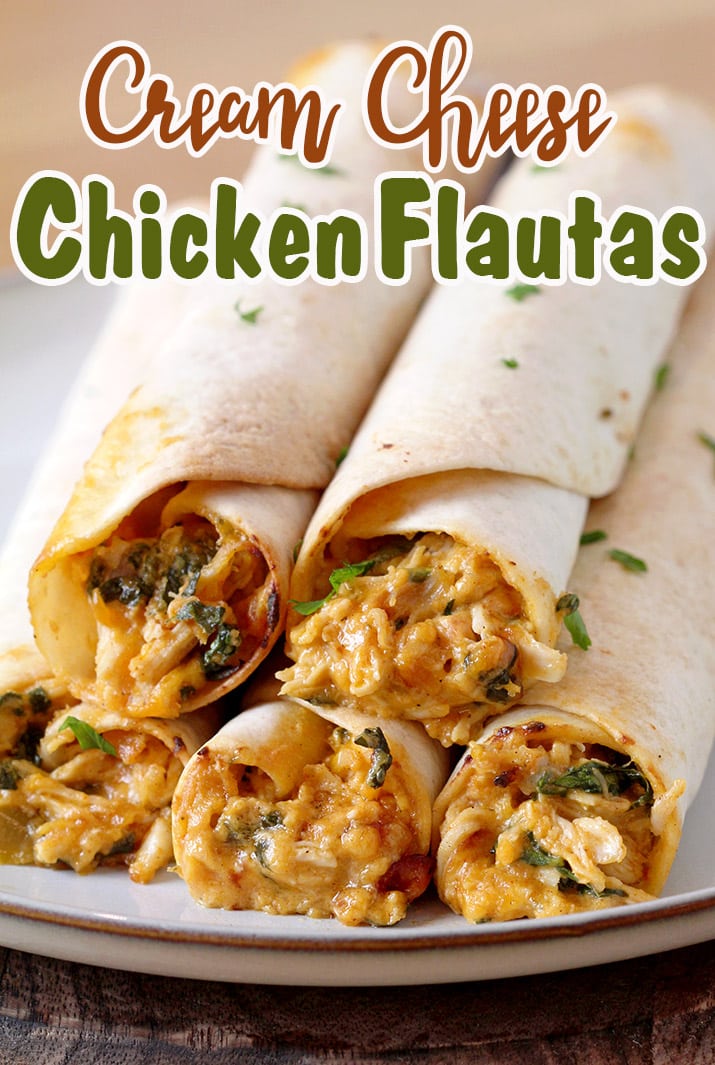 Cream Cheese Chicken Flautas – crunchy tortillas, juicy chicken and melted cheese make an incredible combination. These flautas are made of shredded cooked chicken, cream cheese, cheddar cheese, sour cream, spinach, salsa and different spices, all rolled up in tortillas, then baked or fried and finally served with salsa, guacamole sauce or sour cream