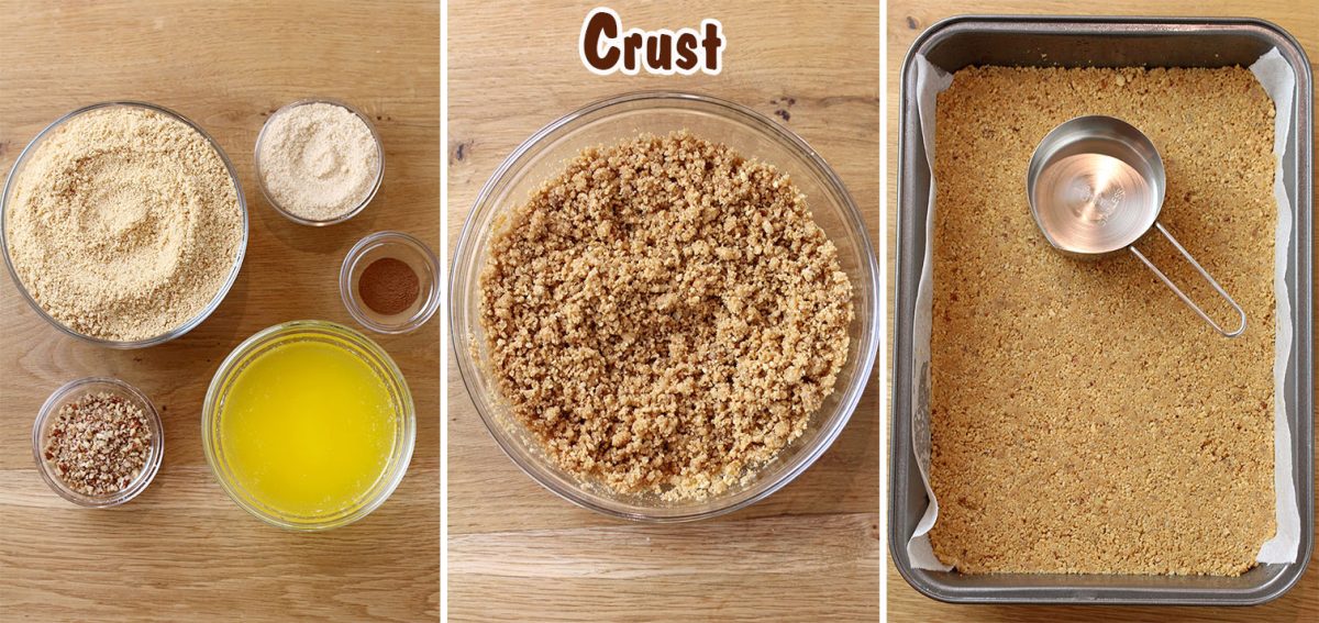 make the crust - Combine all the ingredients and then press the mixture on the bottom of the 9x13 inch baking pan that has been lined with parchment paper and sprayed with non-stick spray and bake at 350 F for 8 minutes.