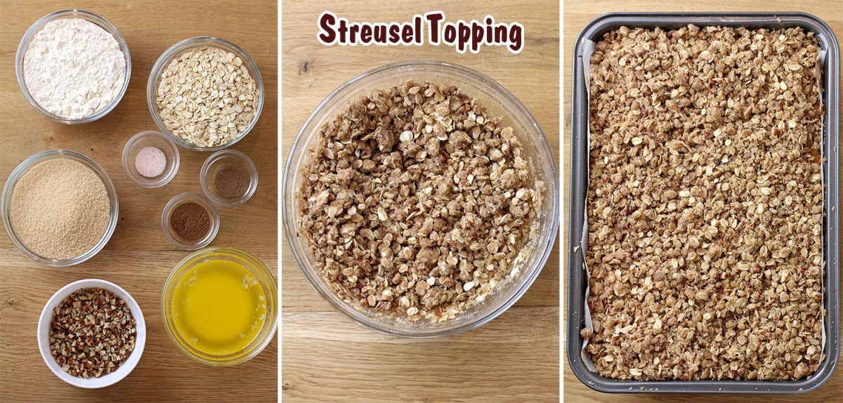 prepare streusel topping, by combining all the dry ingredients, then adding melted butter and stirring until well combined. The mixture should be crumbly.