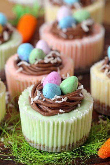 Easter Mini Cheesecakes – are so perfectly creamy that they melt in your mouth. Graham cracker crust, cream cheese filling, chocolate buttercream nest and Easter egg candies make this incredible mini Easter dessert.