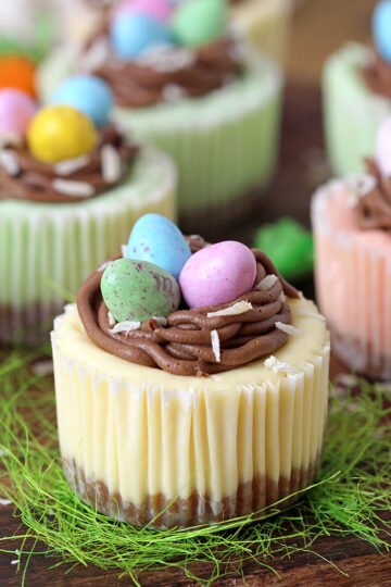 Easter Mini Cheesecakes - are so perfectly creamy that they melt in your mouth. Graham cracker crust, cream cheese filling, chocolate buttercream nest and Easter egg candies make this incredible mini Easter dessert.