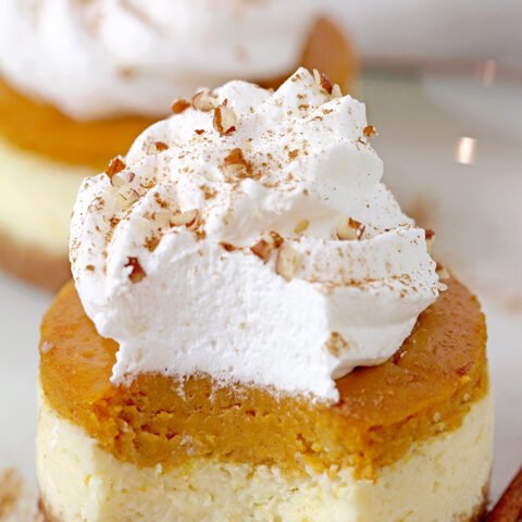 Mini Pumpkin Pie Cheesecakes with decadent creamy filling made of cream cheese and pumpkin pie layers on crunchy graham cracker crust, topped with whipped cream are so delicious and yet simple fall dessert, perfect for Thanksgiving